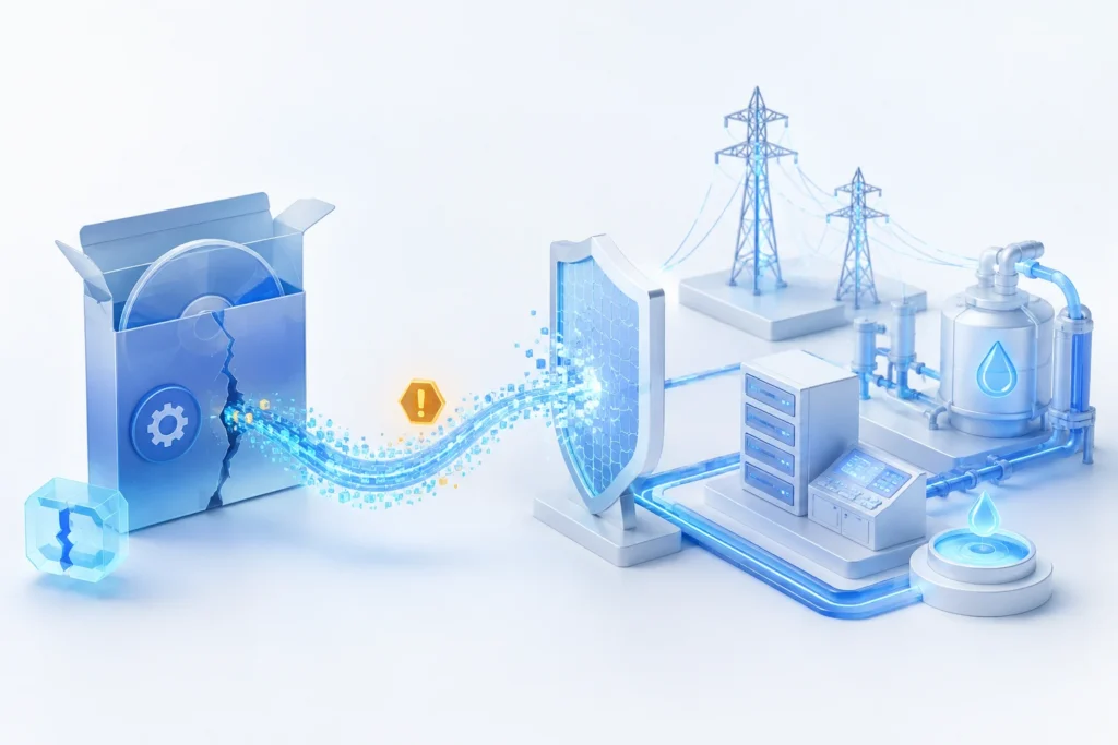 Illustration of pirated software creating a data path into utility infrastructure