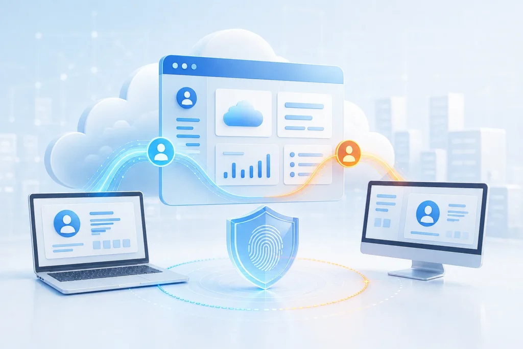 Illustration of two user sessions connecting to one SaaS account through an evidence shield