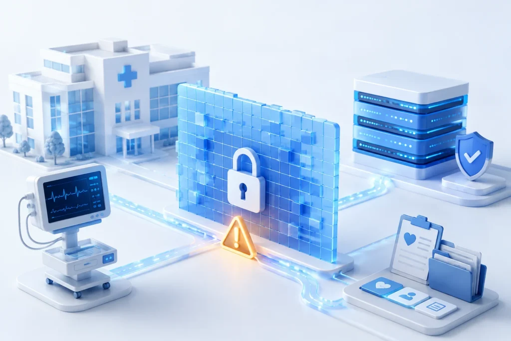 Illustration of ransomware interrupting connected hospital systems