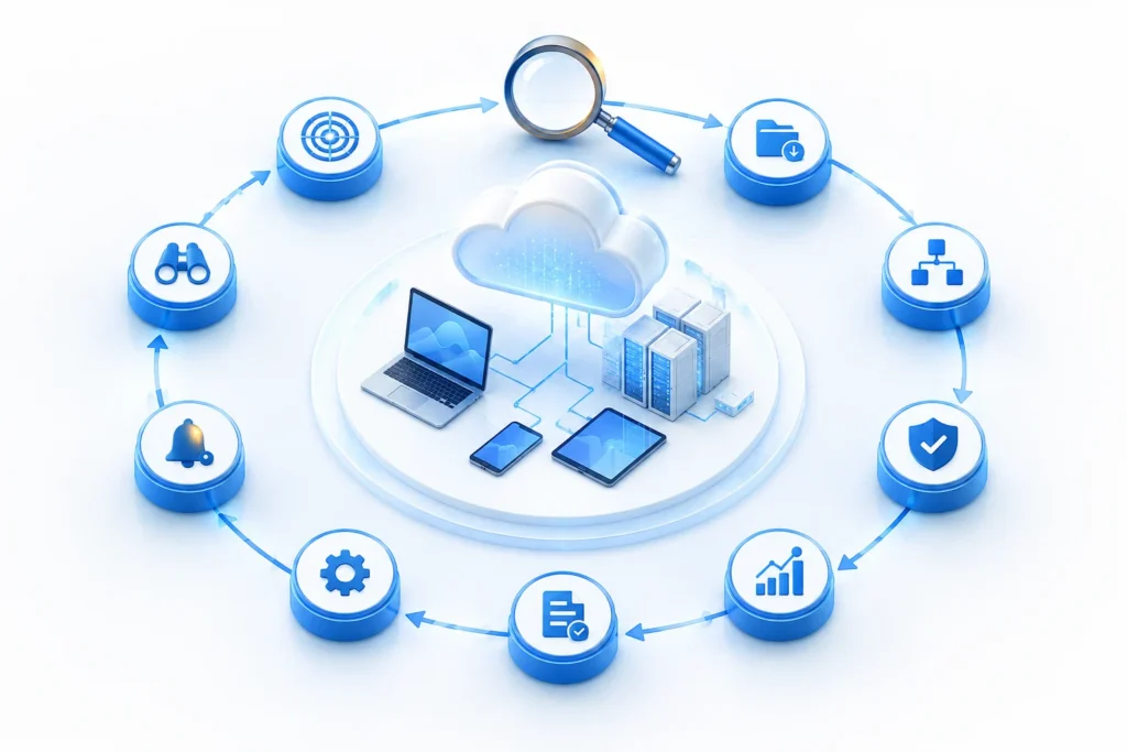 Illustration of monitoring checkpoints surrounding an enterprise network