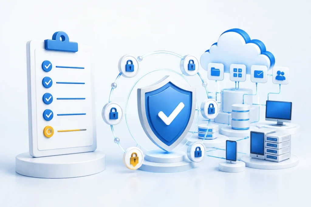Illustration of a shadow IT security checklist protecting devices and applications
